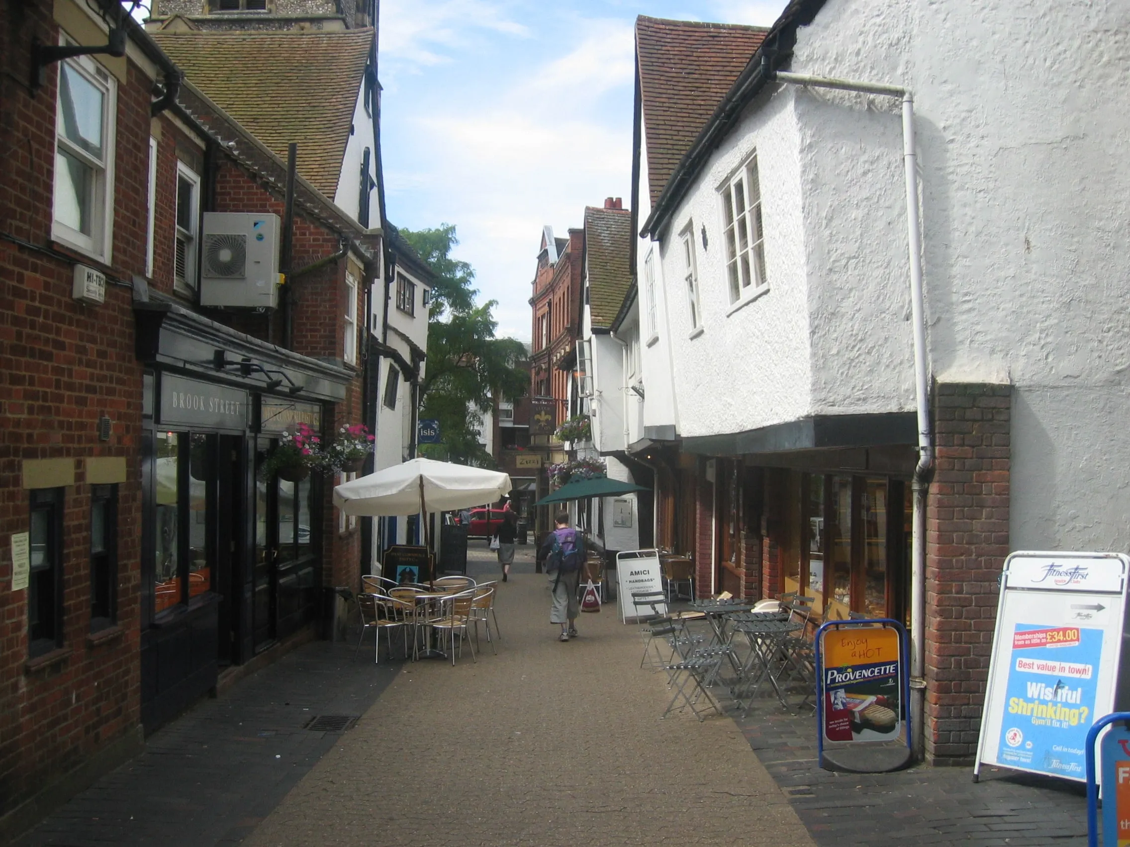 French Row, a narrow historic street of cafés and shops in St Albans